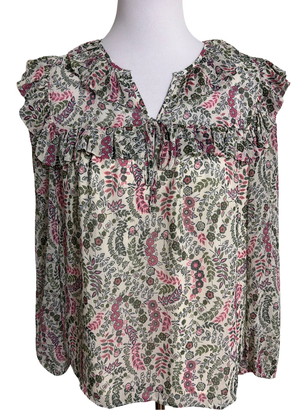 LOFT Cream Floral Ruffle Tie-Neck Blouse with Pink & Green Accents